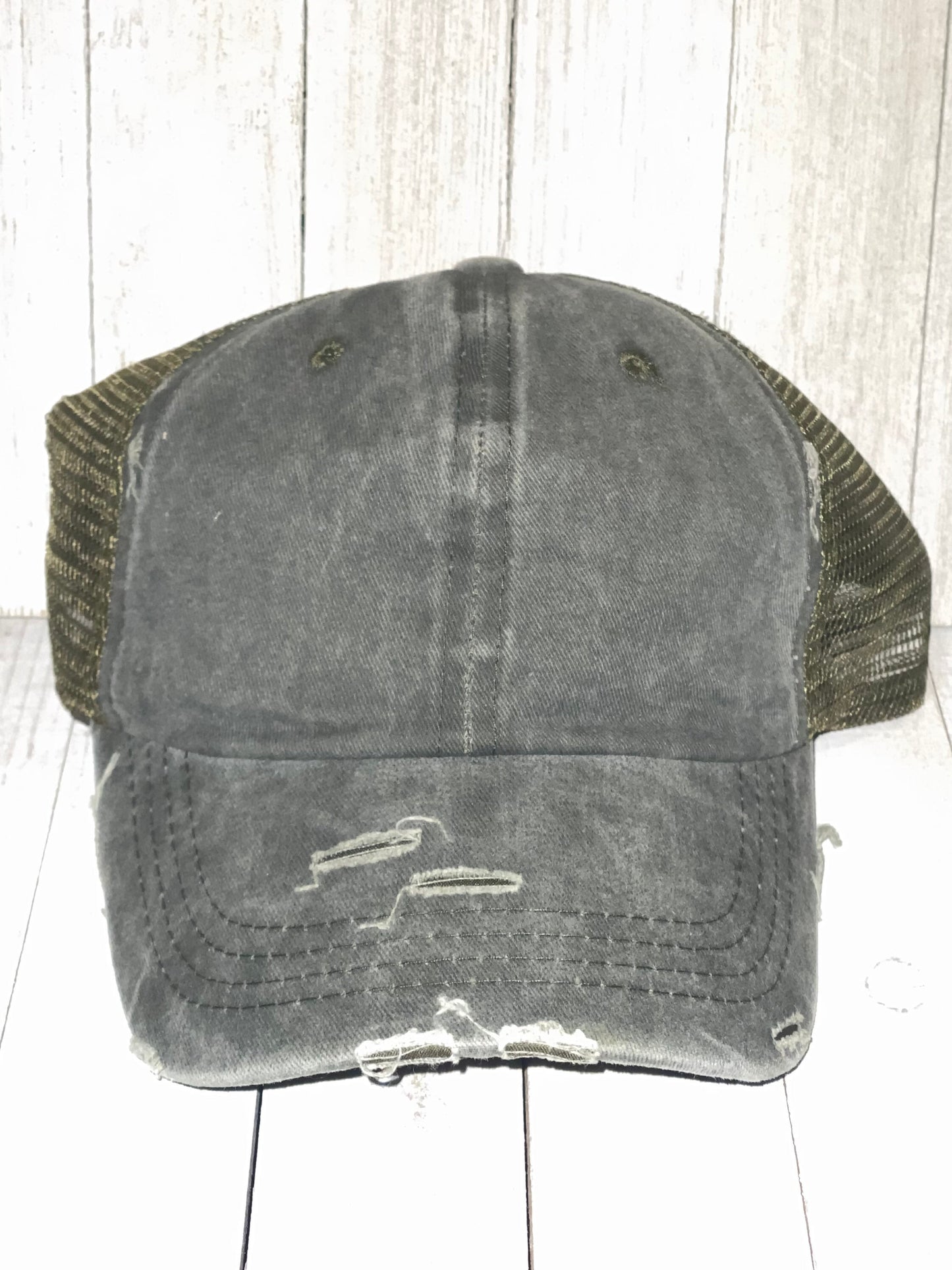 Distressed Messy Bun Hat, Personalized, Initial, Trucker hat