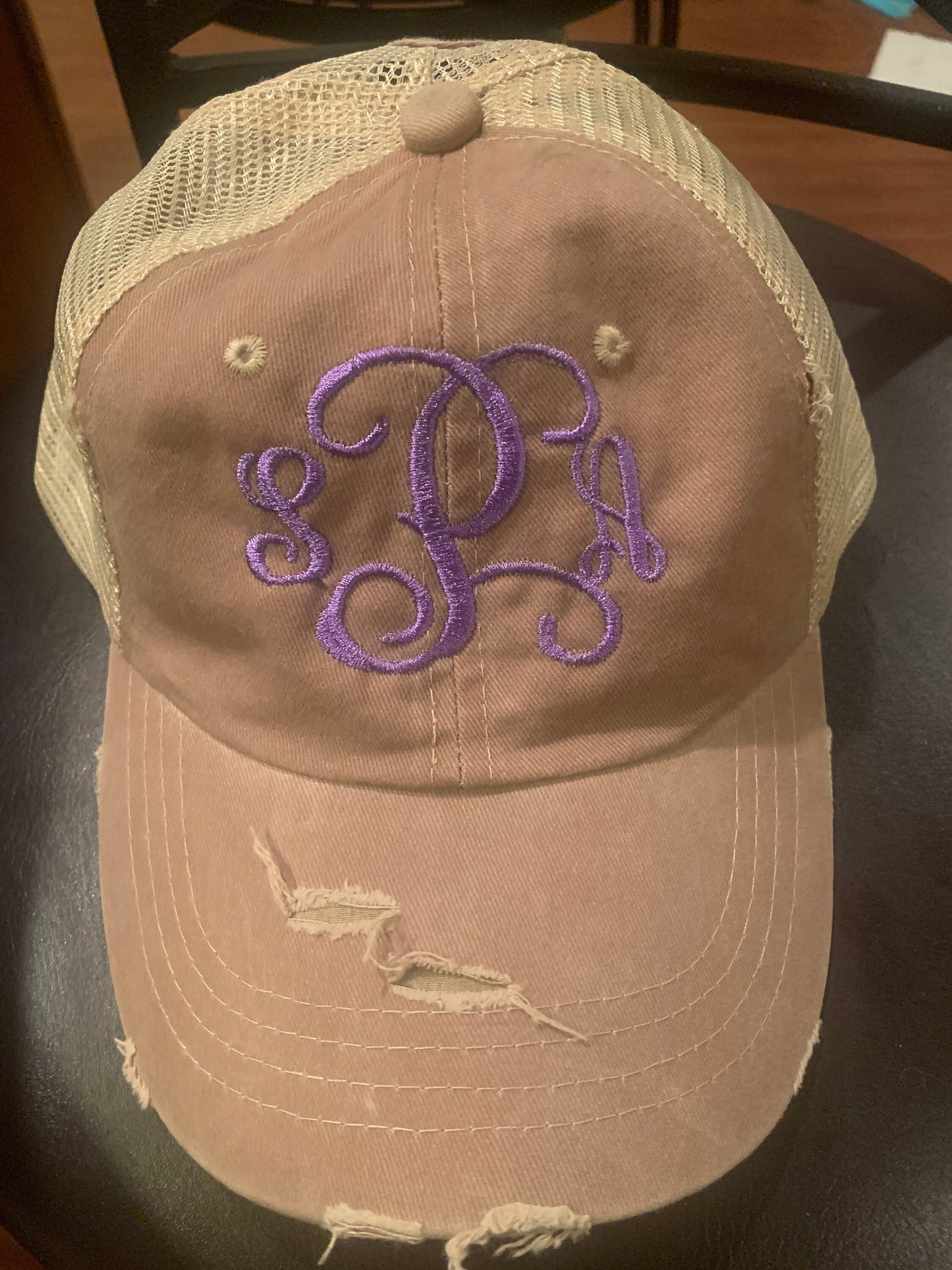 Distressed Messy Bun Hat, Personalized, Initial, Trucker hat
