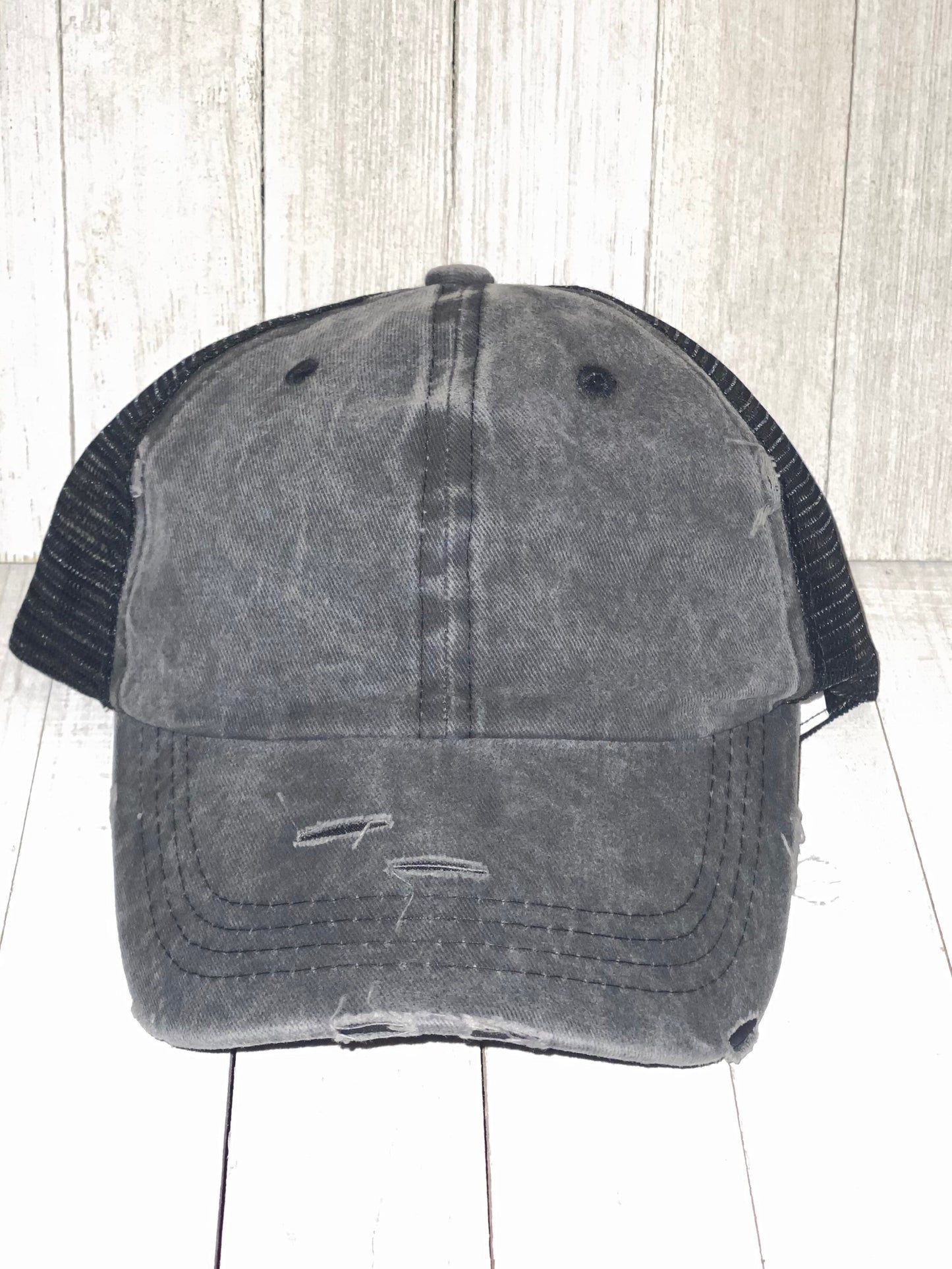Distressed Messy Bun Hat, Personalized, Initial, Trucker hat