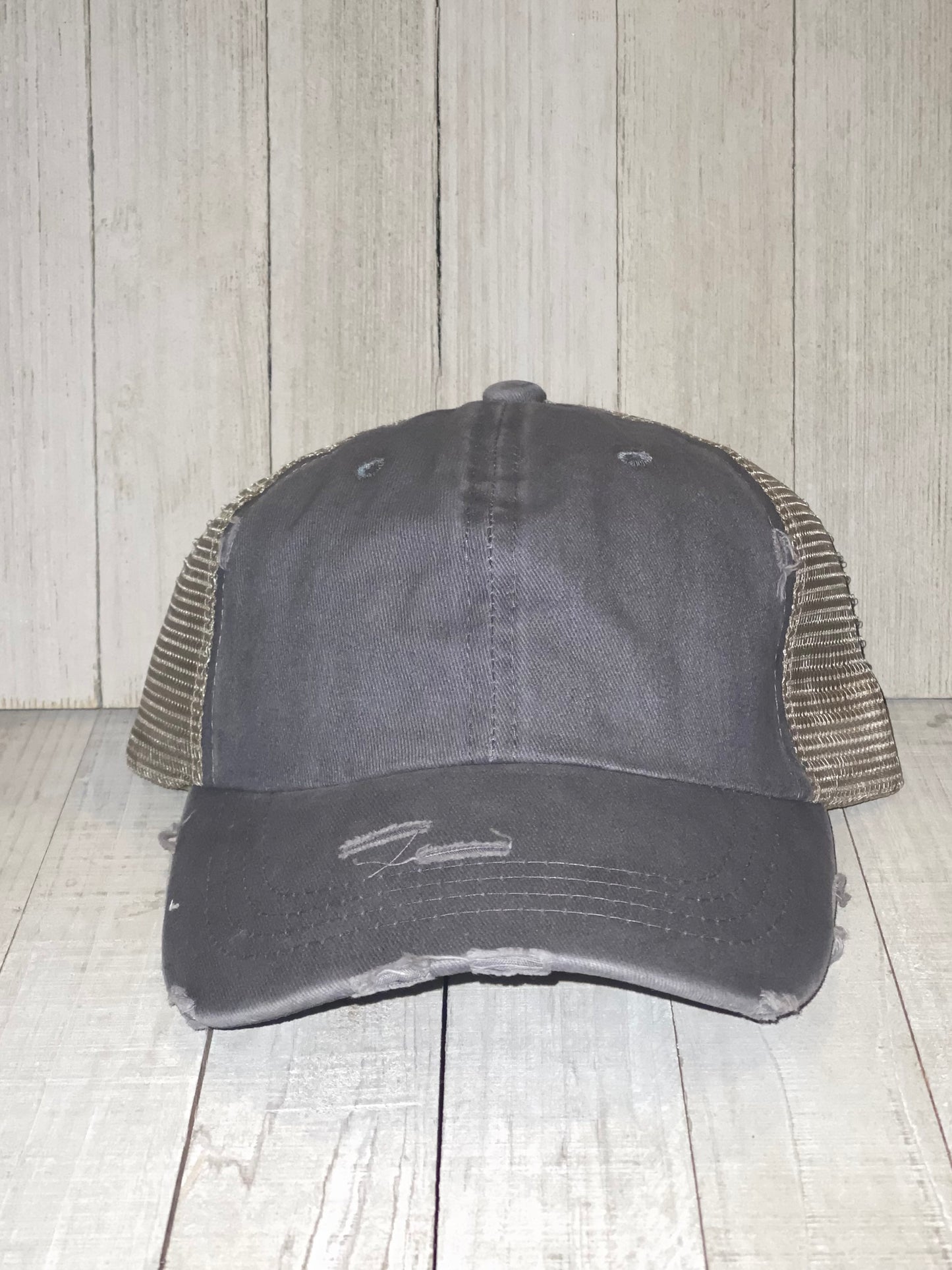 Distressed Messy Bun Hat, Personalized, Initial, Trucker hat