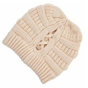 CrissCross Knit Beanie, Ponytail Beanie, Ribbed Beanie