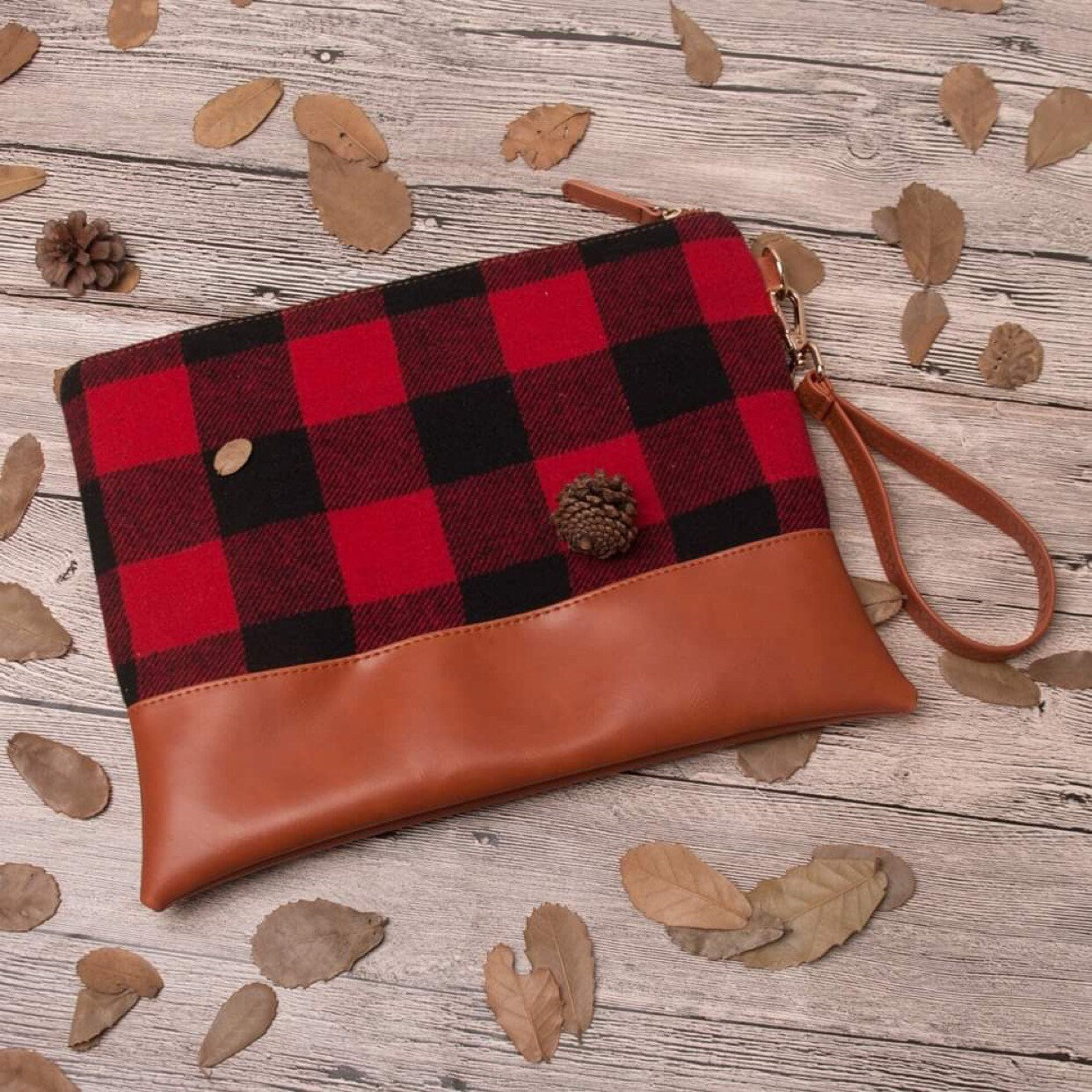 Personalized Buffalo Print Wristlet, Monogrammed, Red/Black, White/Black