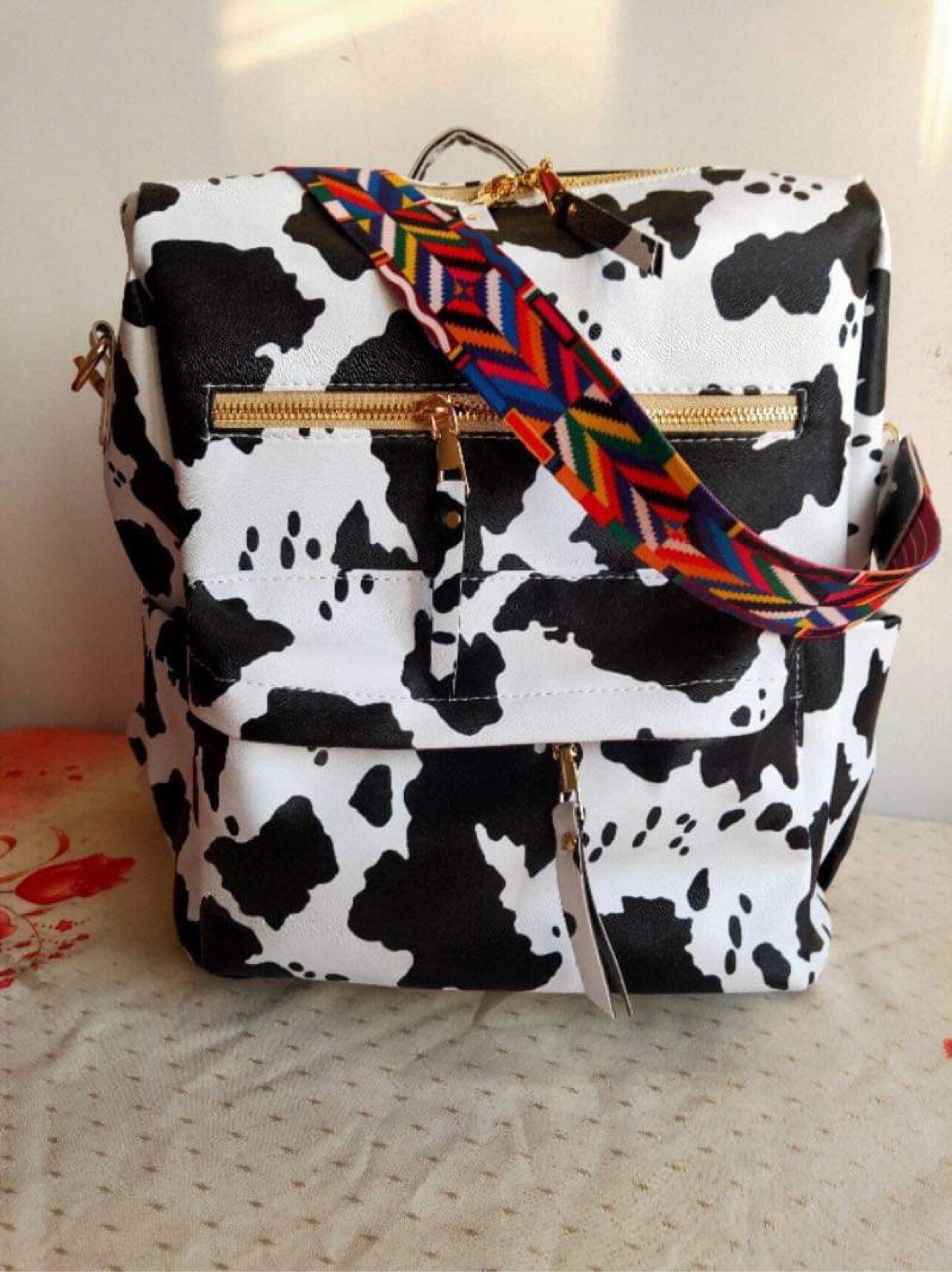 Convertible Vegan Cow Print Backpack