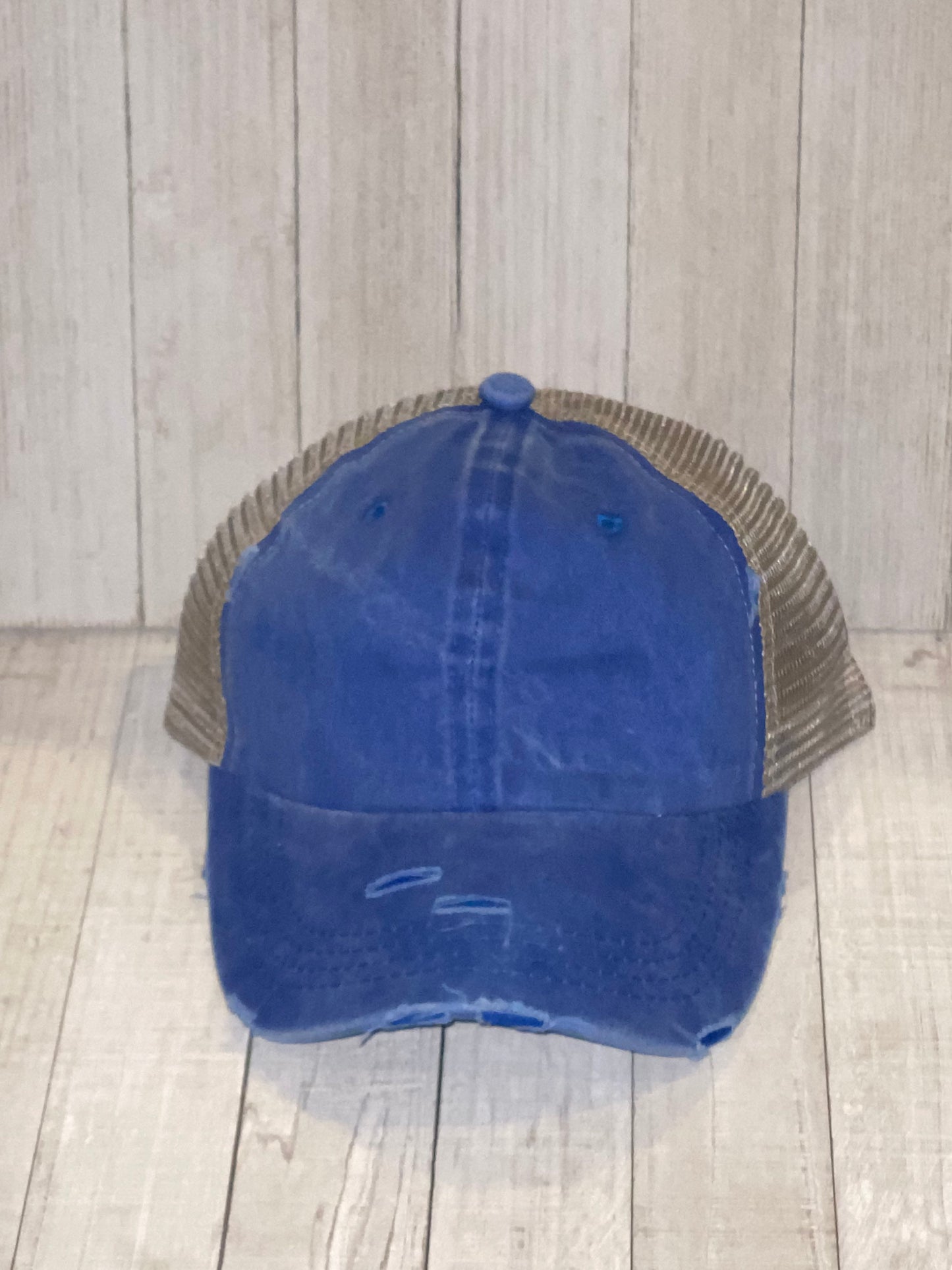 Distressed Messy Bun Hat, Personalized, Initial, Trucker hat
