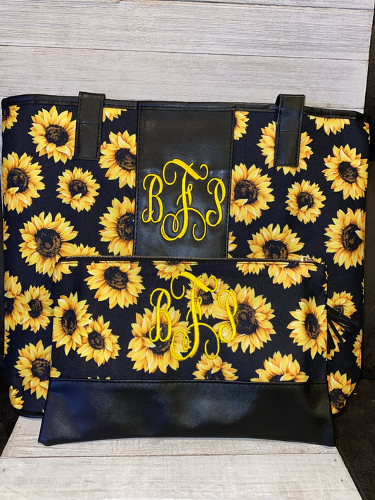 Sunflower Tote and Cosmetic Bag, Personalized, Gift Set, Monogrammed
