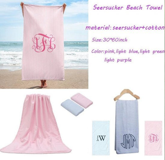 Seersucker Beach Towel, Embroidered, Vinyl, Personalized, Gift
