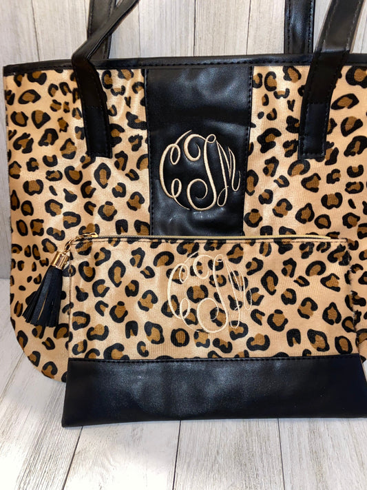 Leopard Tote and Cosmetic Bag, Personalized, Gift Set, Monogrammed