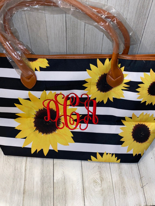 Striped Sunflower Tote, Purse, Travel Bag, Gift, Personalized, Embroidered