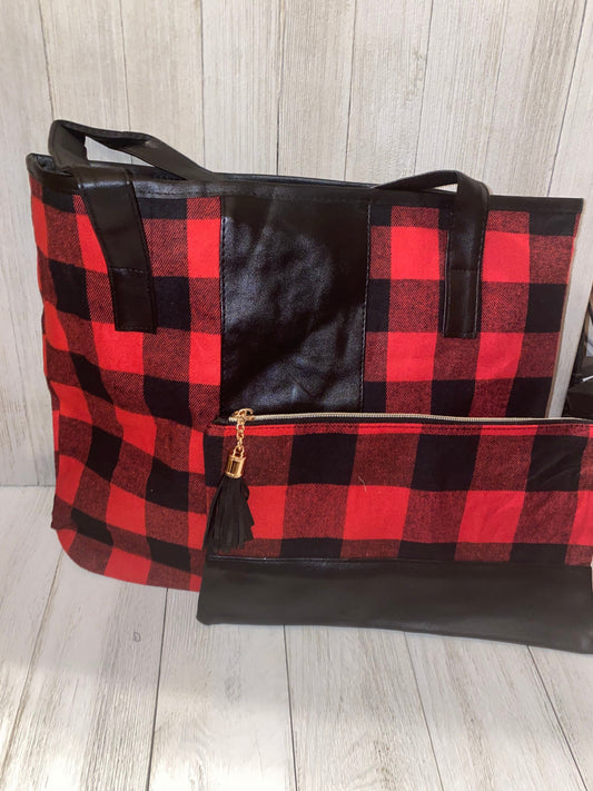 Red/Black Buffalo Plaid Tote and Cosmetic Bag, Personalized, Gift Set, Monogrammed
