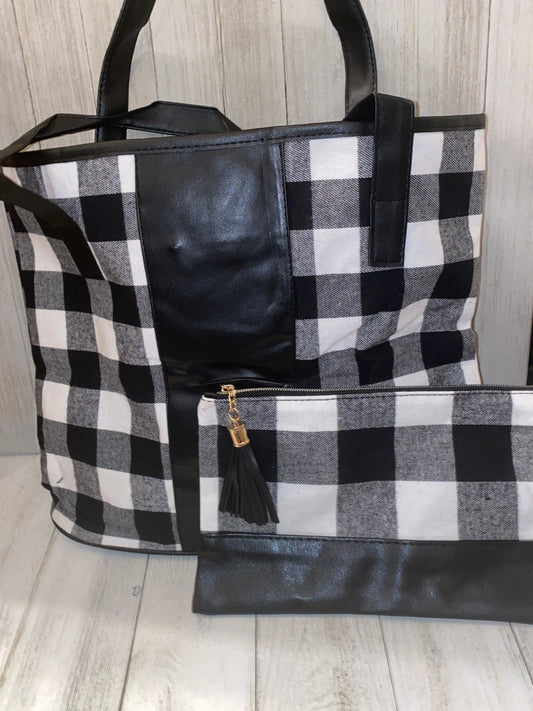 Black/White Buffalo Plaid Tote and Cosmetic Bag, Personalized, Gift Set, Monogrammed