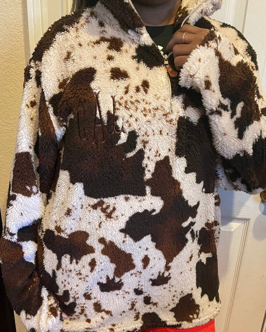 Cow Print Sherpa 1/4 Zipper Pullover