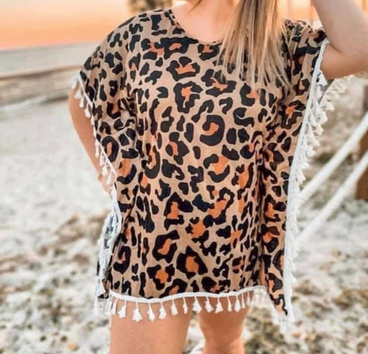 Pompom Leopard Swimsuit Cover Up, Beach Wear