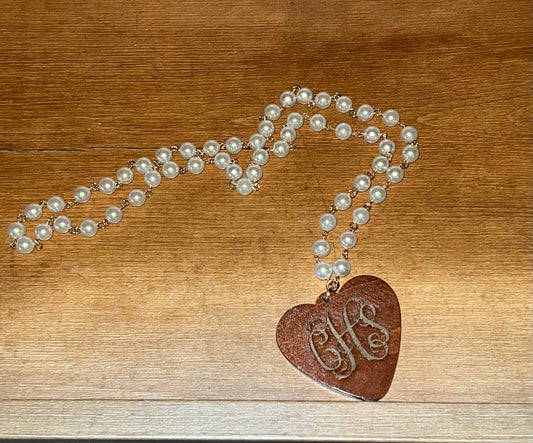 Laser Engraved Beaded Pearl Necklace, Personalized, Wooden Engraved, Gift, Personalized Heart